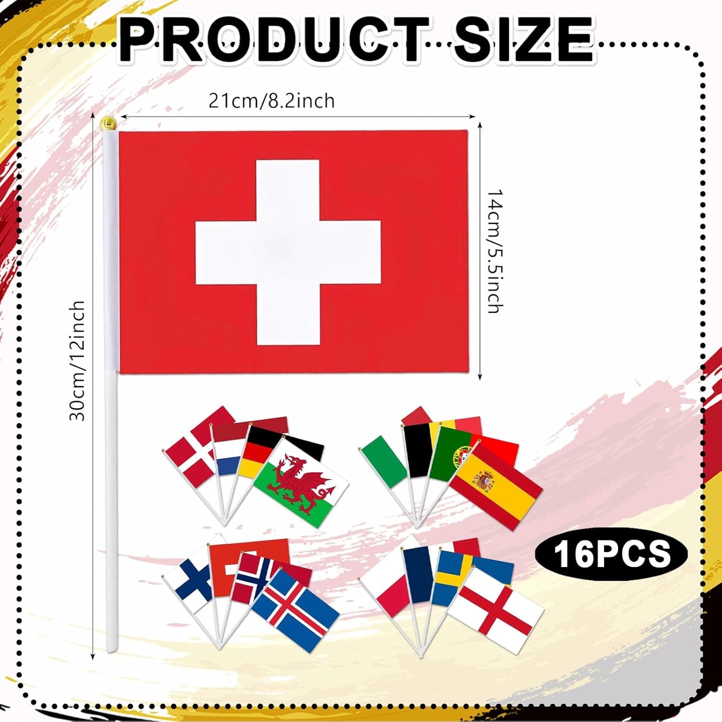 Pack of 16 Euro Women's Football European Championship Mini Flags - Double-Sided Fabric Flags with Stake 14 x 21 cm for Europe Women's Football European Championship Decoration, Home, Garden, Bar and