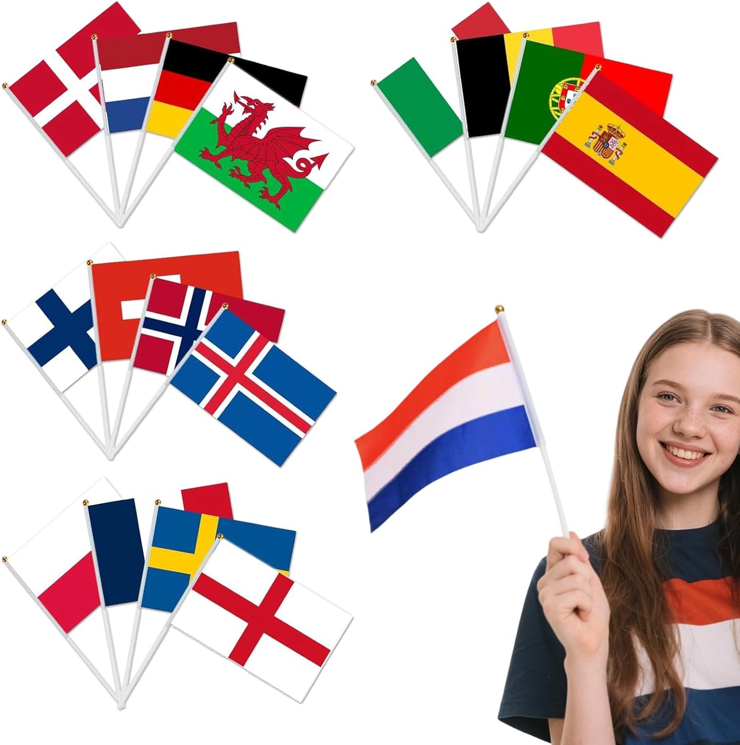 Pack of 16 Euro Women's Football European Championship Mini Flags - Double-Sided Fabric Flags with Stake 14 x 21 cm for Europe Women's Football European Championship Decoration, Home, Garden, Bar and