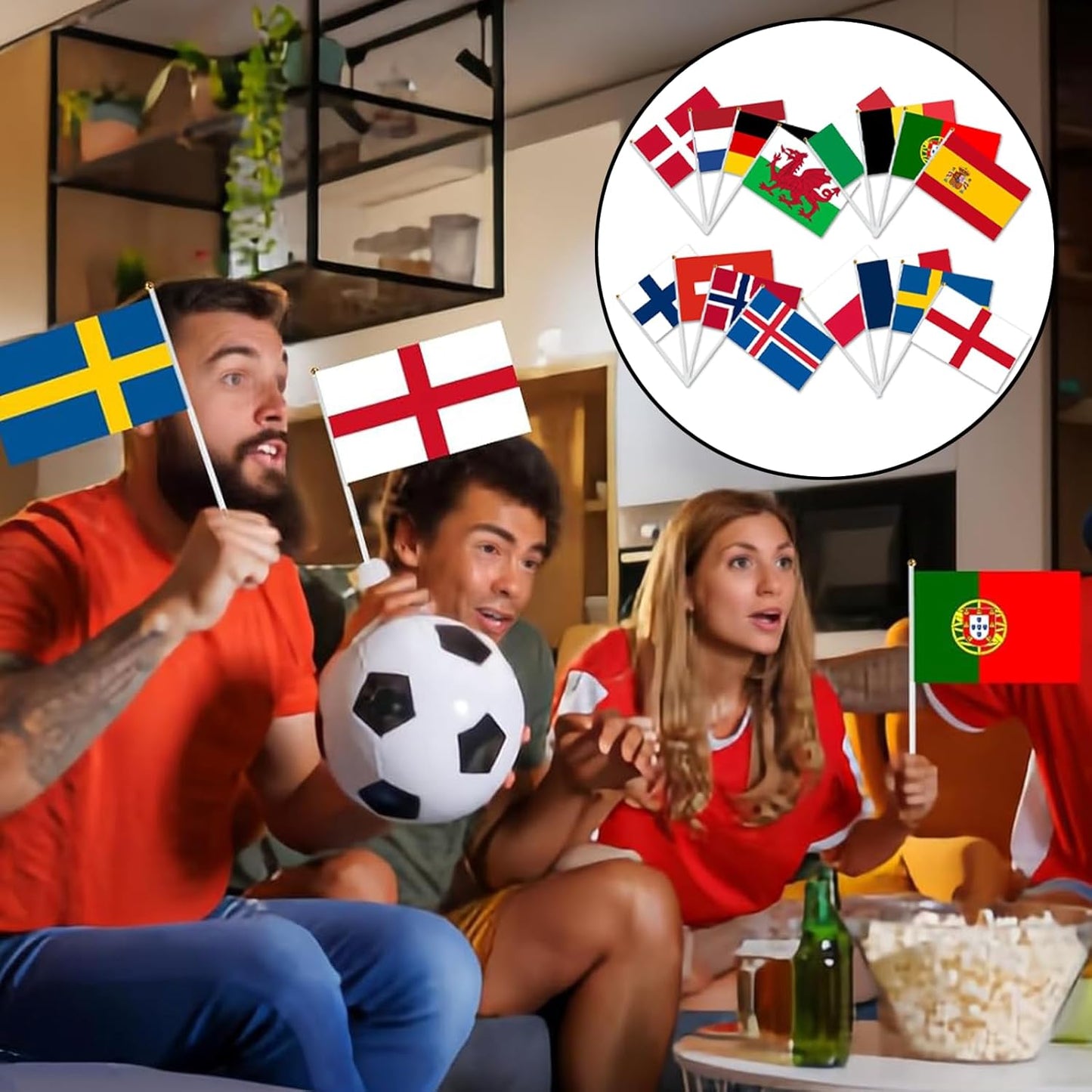 Pack of 16 Euro Women's Football European Championship Mini Flags - Double-Sided Fabric Flags with Stake 14 x 21 cm for Europe Women's Football European Championship Decoration, Home, Garden, Bar and