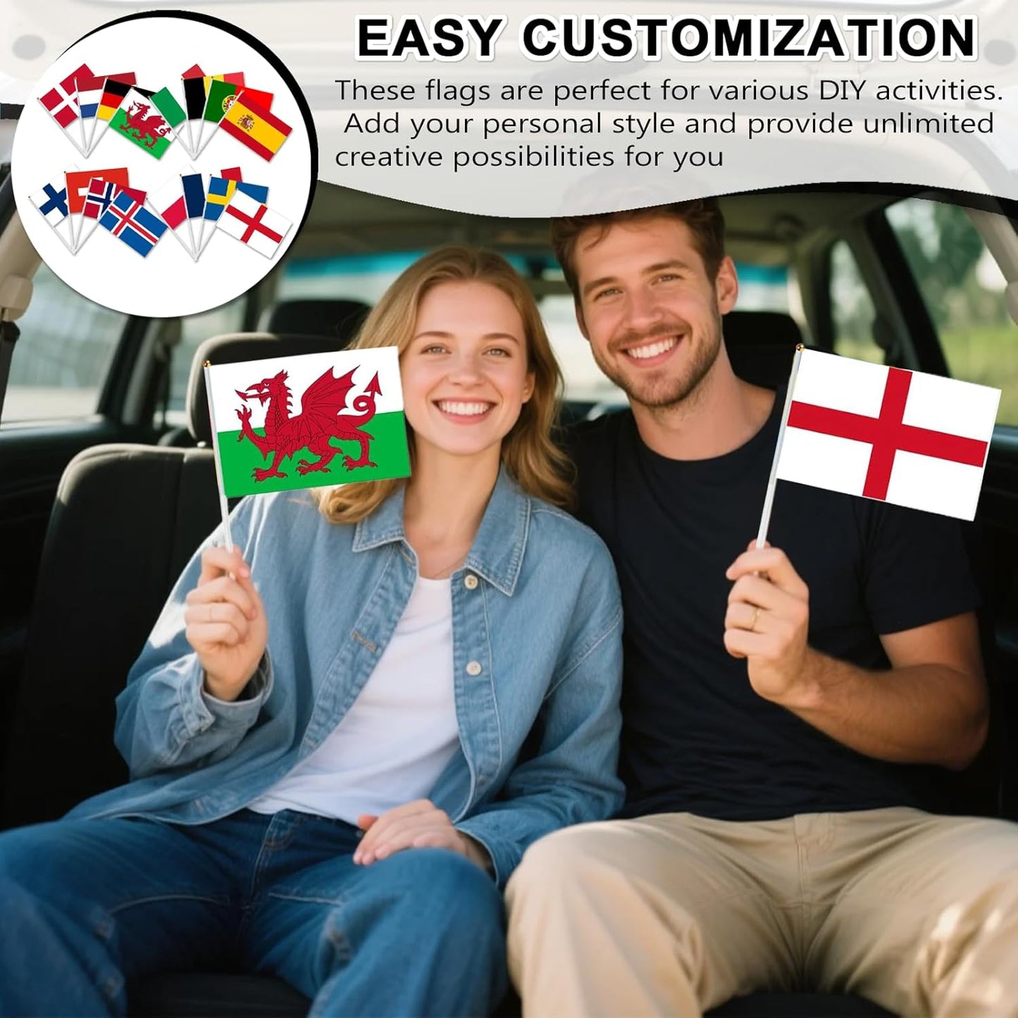 Pack of 16 Euro Women's Football European Championship Mini Flags - Double-Sided Fabric Flags with Stake 14 x 21 cm for Europe Women's Football European Championship Decoration, Home, Garden, Bar and