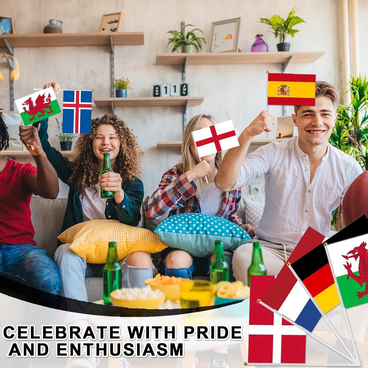 Pack of 16 Euro Women's Football European Championship Mini Flags - Double-Sided Fabric Flags with Stake 14 x 21 cm for Europe Women's Football European Championship Decoration, Home, Garden, Bar and