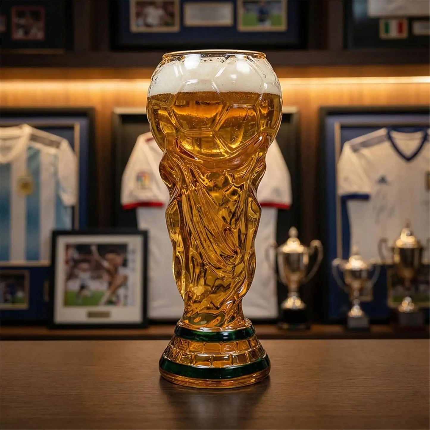 Soccer Beer Glass , 16oz Trophy Shaped Drinking Cup for Viewing Parties, Novelty Gifts for Soccer Fans Father