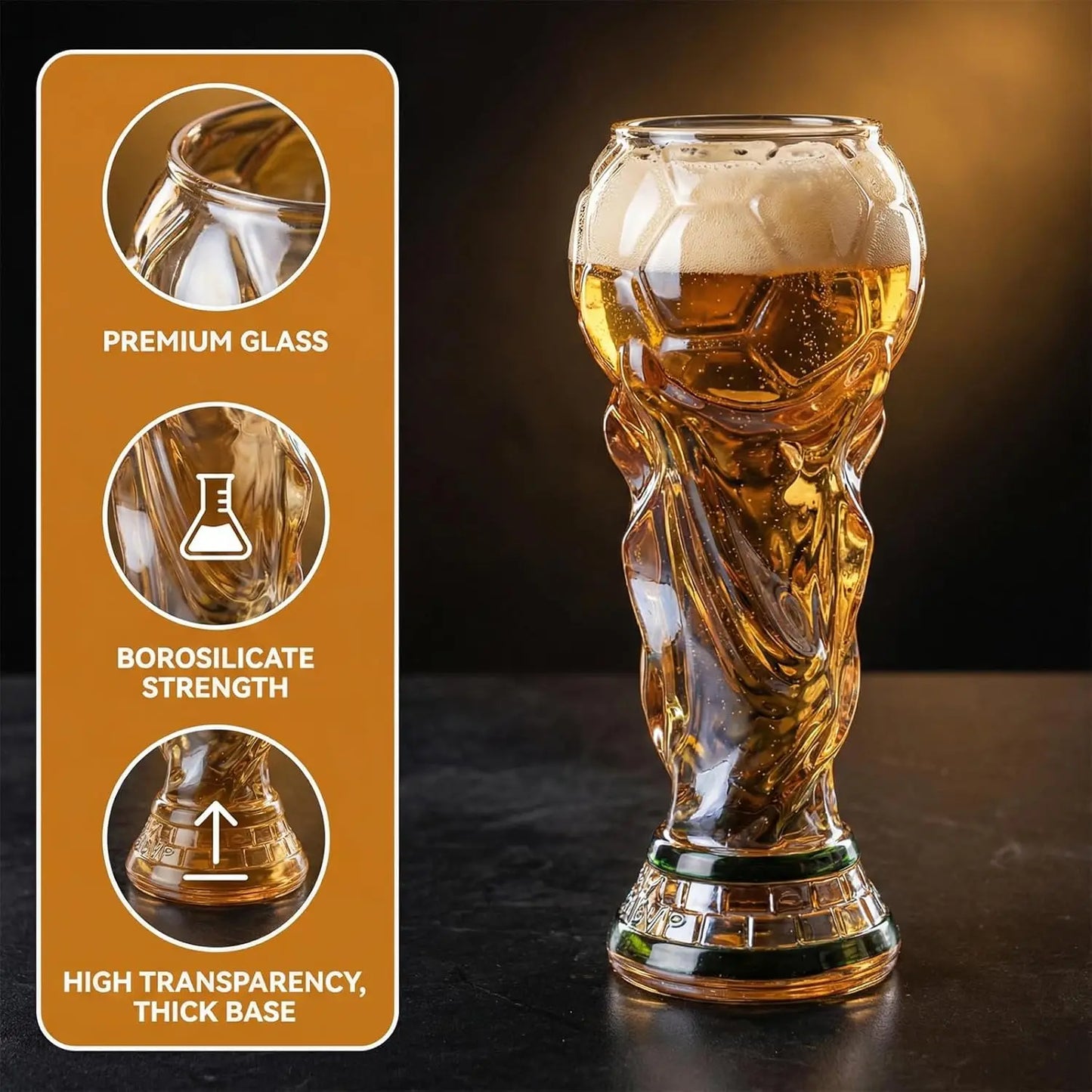 Soccer Beer Glass , 16oz Trophy Shaped Drinking Cup for Viewing Parties, Novelty Gifts for Soccer Fans Father